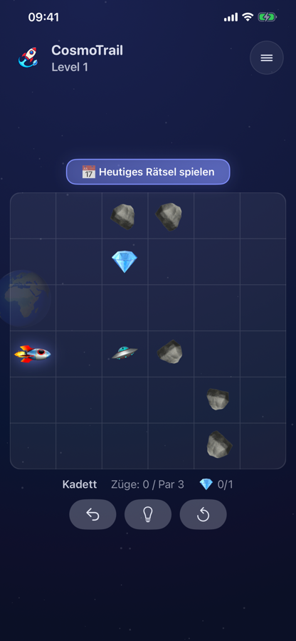 CosmoTrail Level 1 — Rakete, Kristall und Station