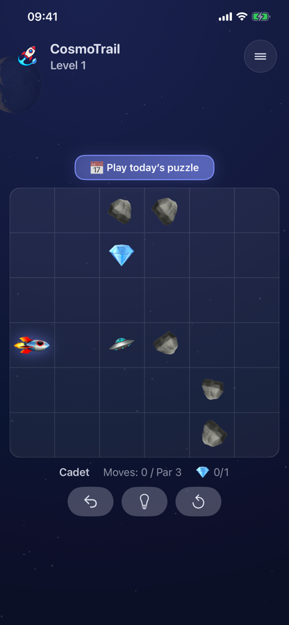 CosmoTrail Level 1 — rocket, crystal and station
